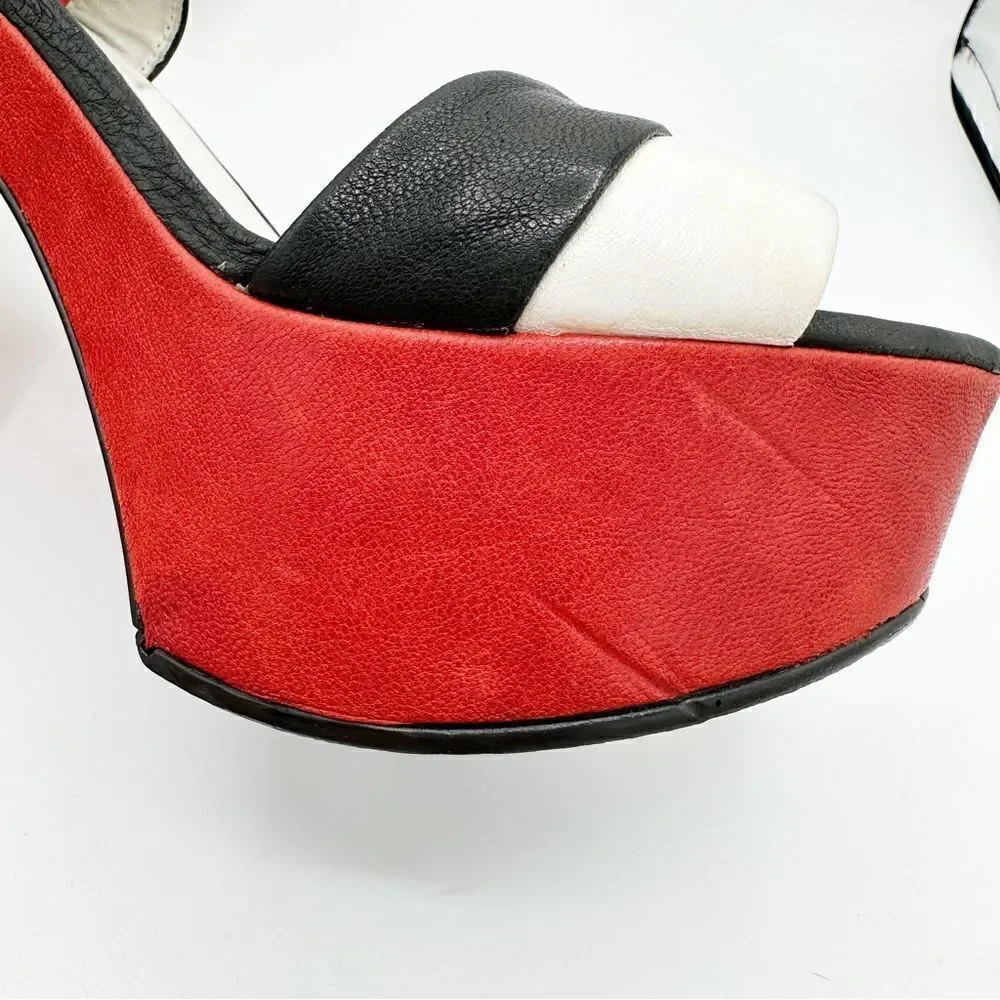 Stuart Weizmann Black Red and White Wide Strap Platform Sandals with Ankle Strap